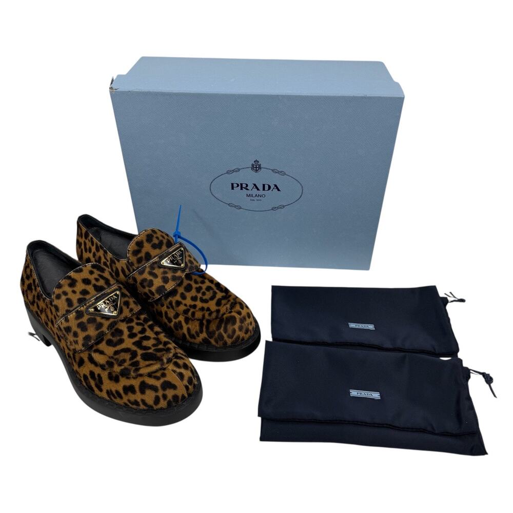 Prada Enamel Triangel Logo Leopard Printed Leather Loafer Brown Size 38.5 - Picture 14 of 16